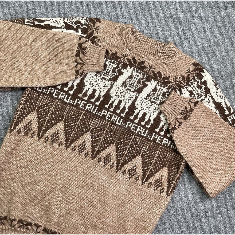 Vintage Knit Alpaca Wool Sweater Men's L Peru Lama Pattern Tan‎ Brown Mock Neck